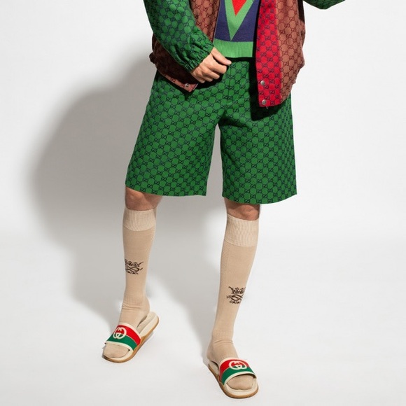 Gucci Other - Gucci Wide-Leg Logo-Jacquard Cotton-Blend Canvas Drawstring Shorts - Green